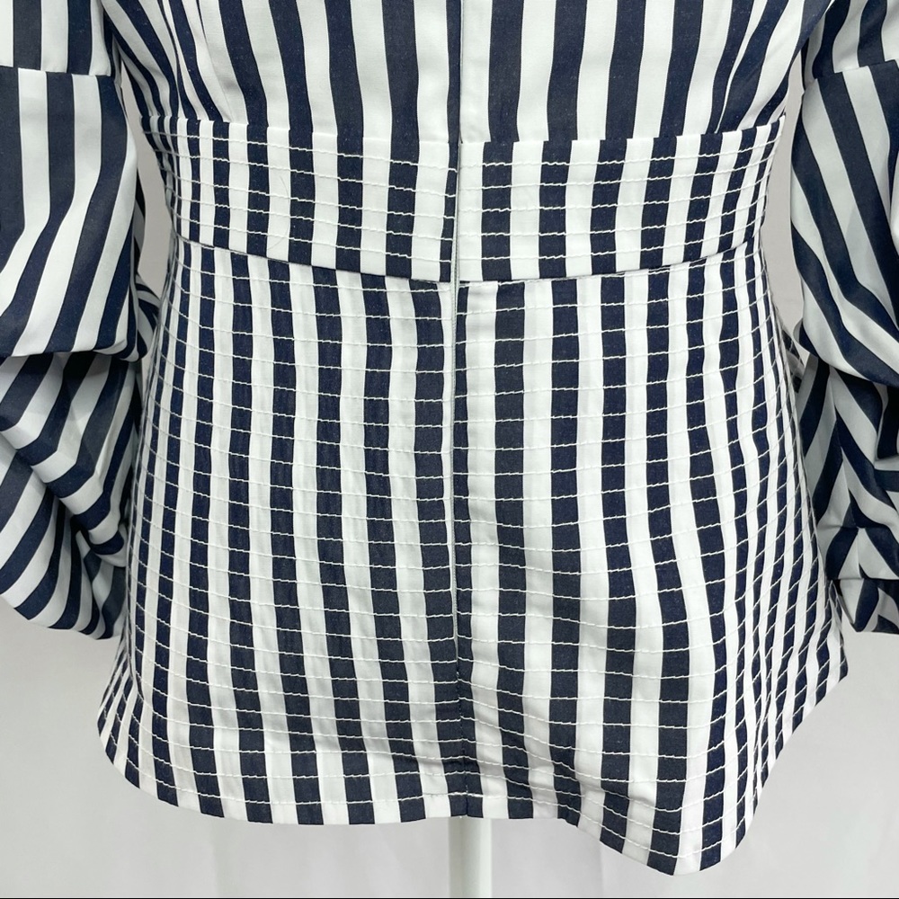 New Central Park West Balloon Sleeve Layered Peplum Striped Cotton Shirt - Picture 12 of 16